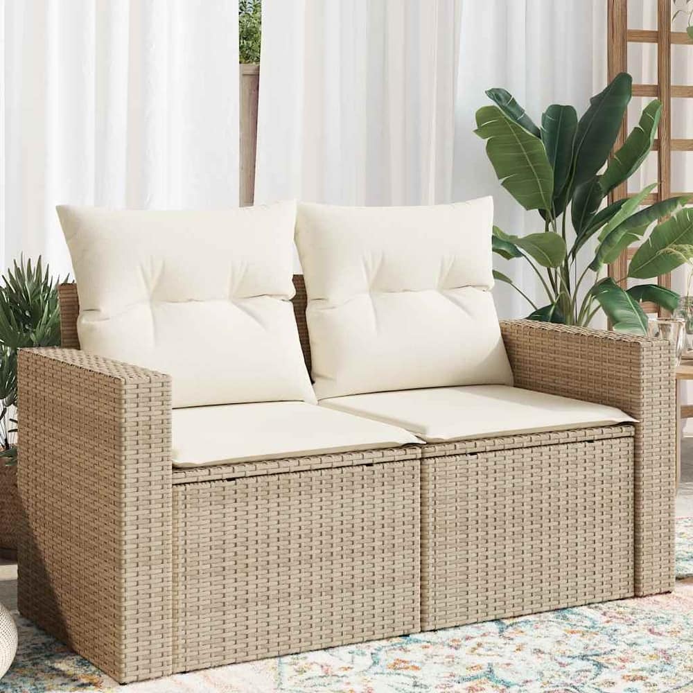 vidaXL Patio Sofa with Cushions 2-Seater Modular Couch Loveseat Poly Rattan - 24.4 x 51.6 x 27.2 in