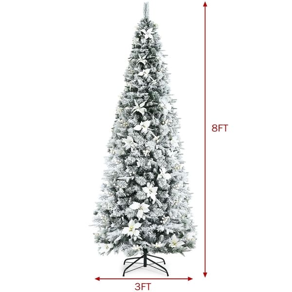 8 Feet Snow Flocked Christmas Pencil Tree with Berries and Poinsettia ...