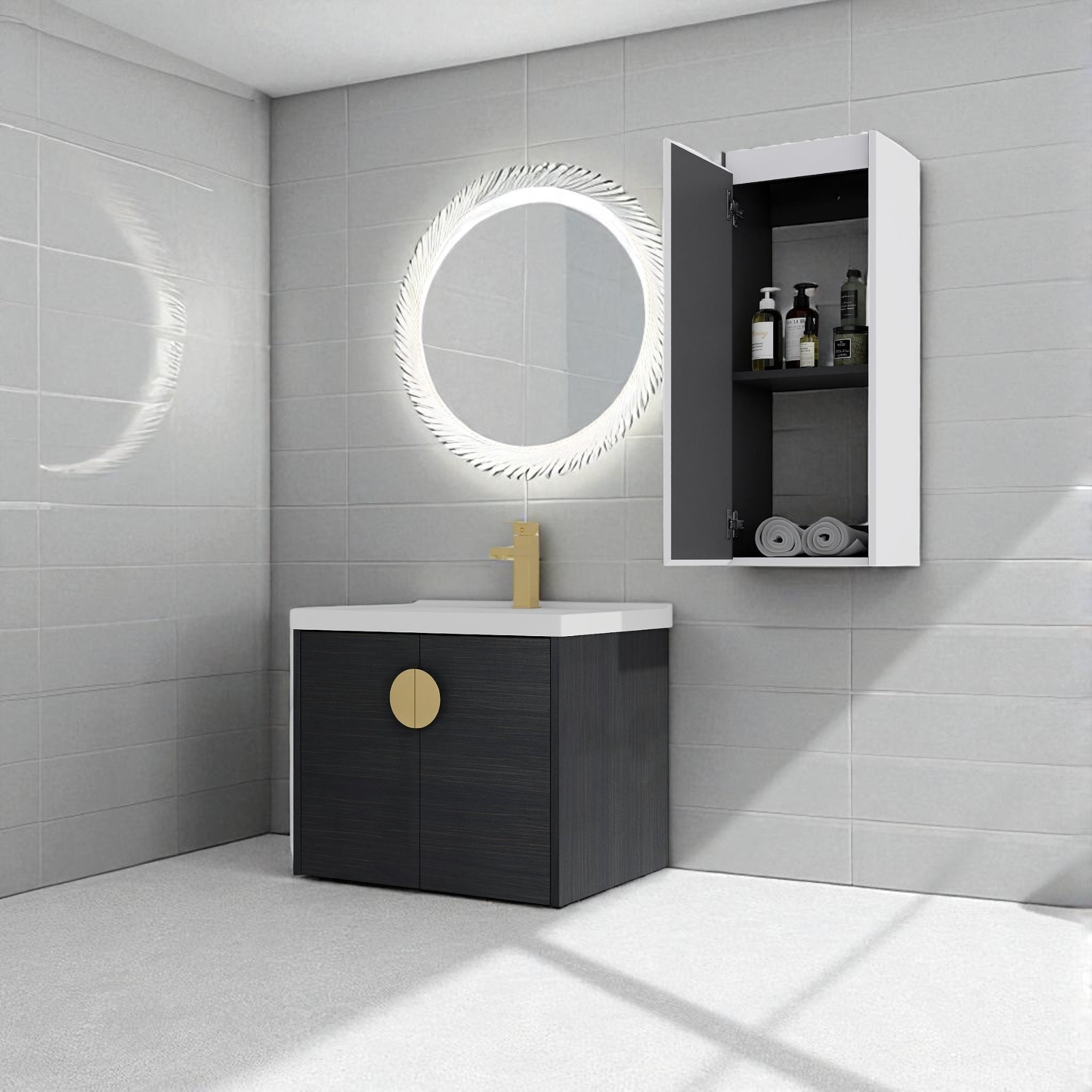 24" Wall Mounted Bathroom Vanity with Ceramic Sink and Side Cabinet, Floating Storage Cabinet Set with Shelves