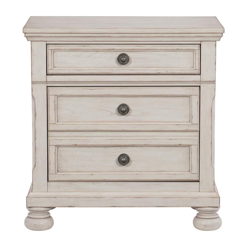 Transitional Wire-Brushed White Nightstand, Hidden Drawer, Bun Feet, Classic Style