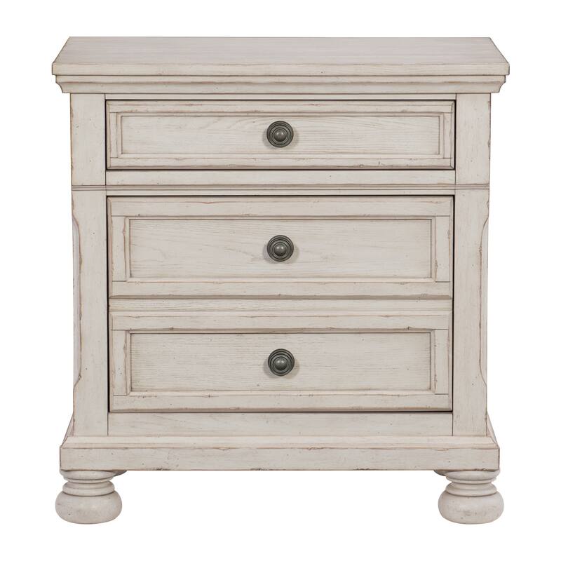 Transitional Wire-Brushed White Nightstand, Hidden Drawer, Bun Feet, Classic Style