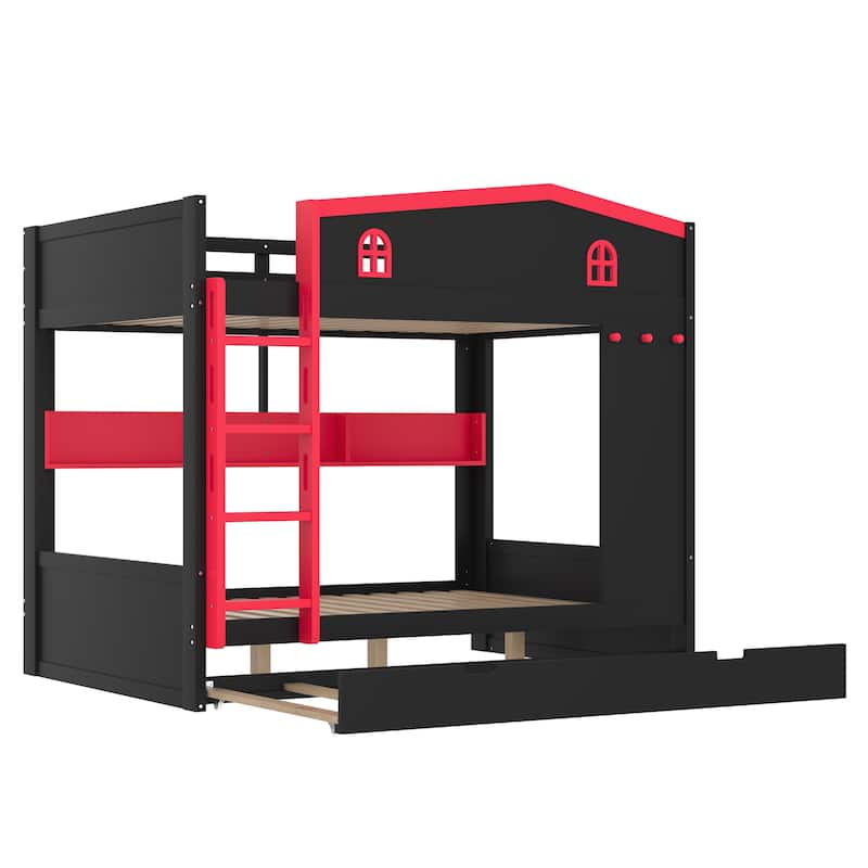 Queen over Queen Bunk Bed with Trundle, Shelves and Hooks