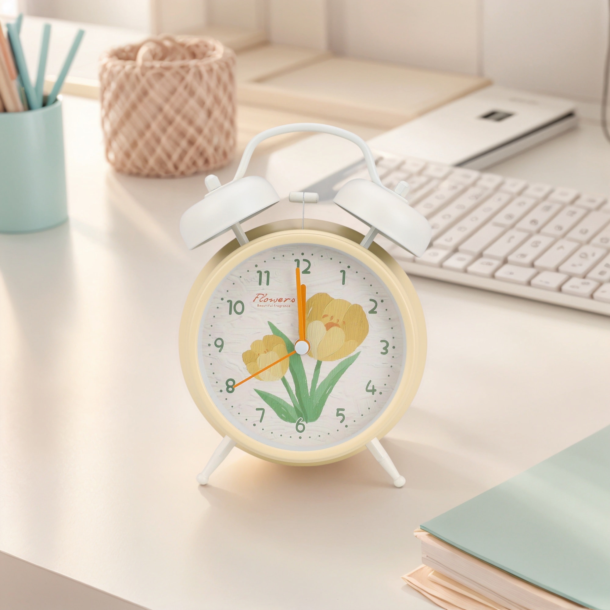 Vintage Metal Alarm Clock, Loud Alarms, Fresh Floral Pattern, Ideal for Bedroom Nightstand 4.6"Lx2.2"Wx6.6"H