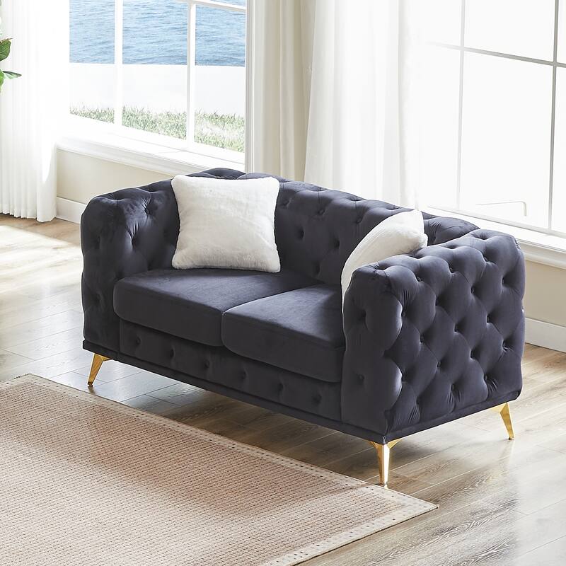 Velvet Chesterfield Loveseat Sofa, Tufted Button Upholstered 2 Seater Sofa, Lounge Sofa Chair with 2 Pillows & Metal Legs