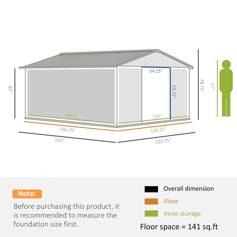 Outsunny 11' x 12.6' Outdoor Storage Shed Organizer, Garden Tool house with Floor Foundation, 4 Vents and 2 Easy Sliding Doors
