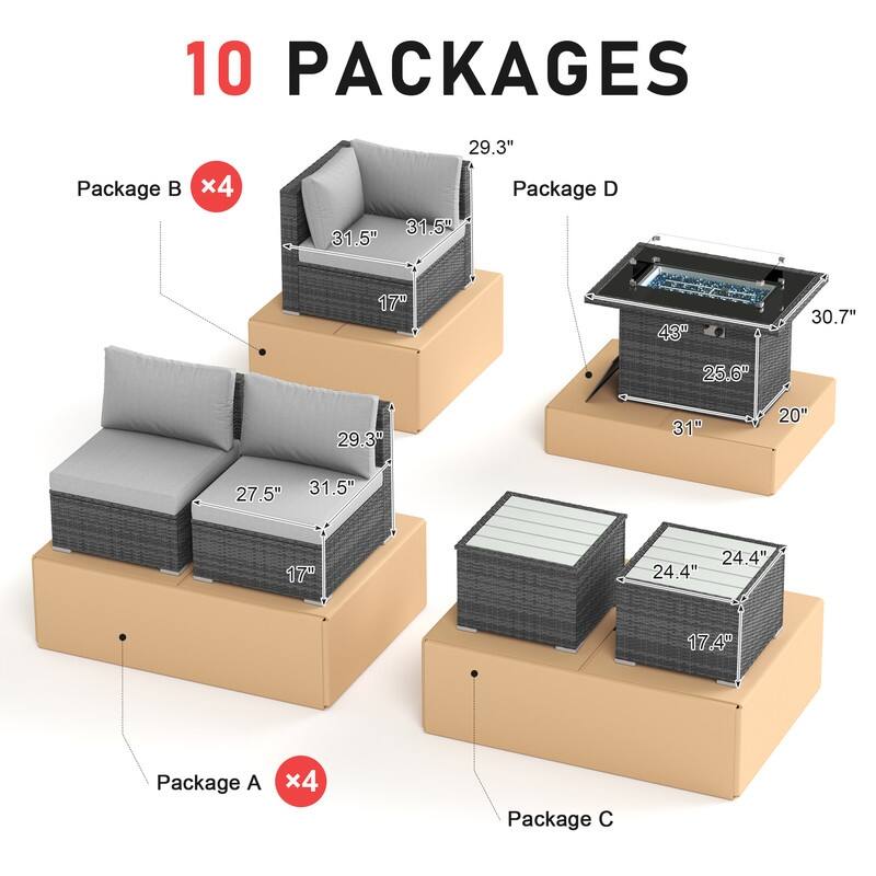 FINCATI 15-Piece Grey Wicker Patio Conversation Set with 43" Fire Pit