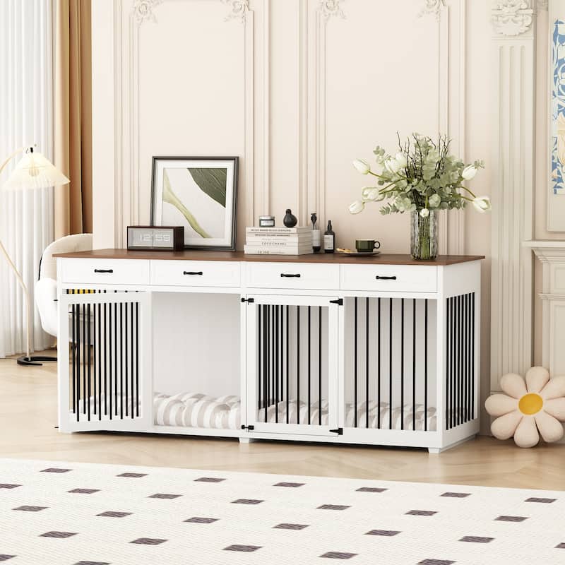 86.6"Wooden Dog Crate Kennel with 4 Drawers,Double Dog Crate Furniture