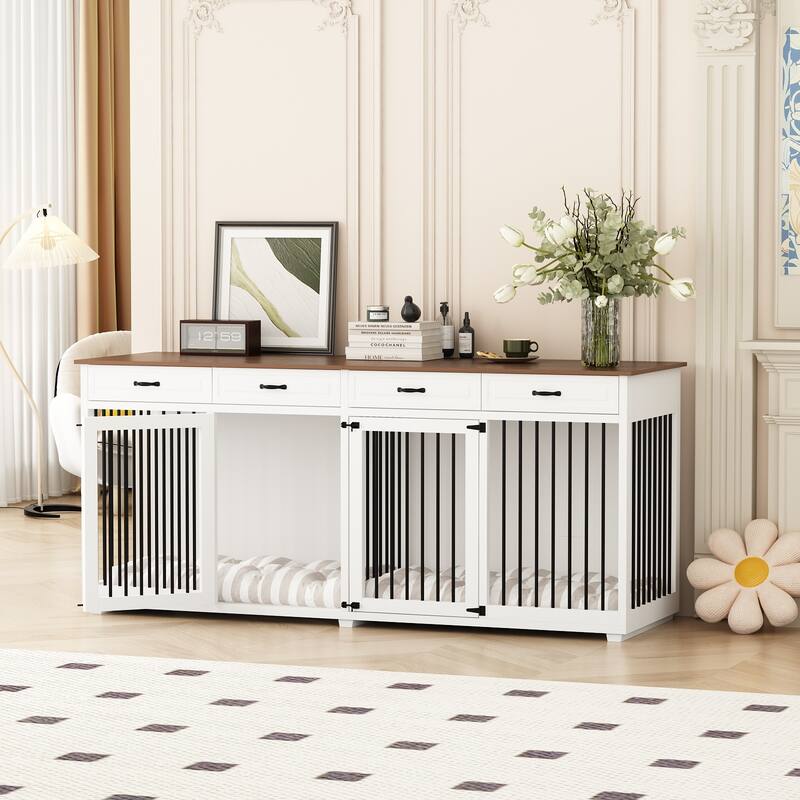Wooden Dog Crate Kennel Furniture for 2 Dogs with Divider & Drawers