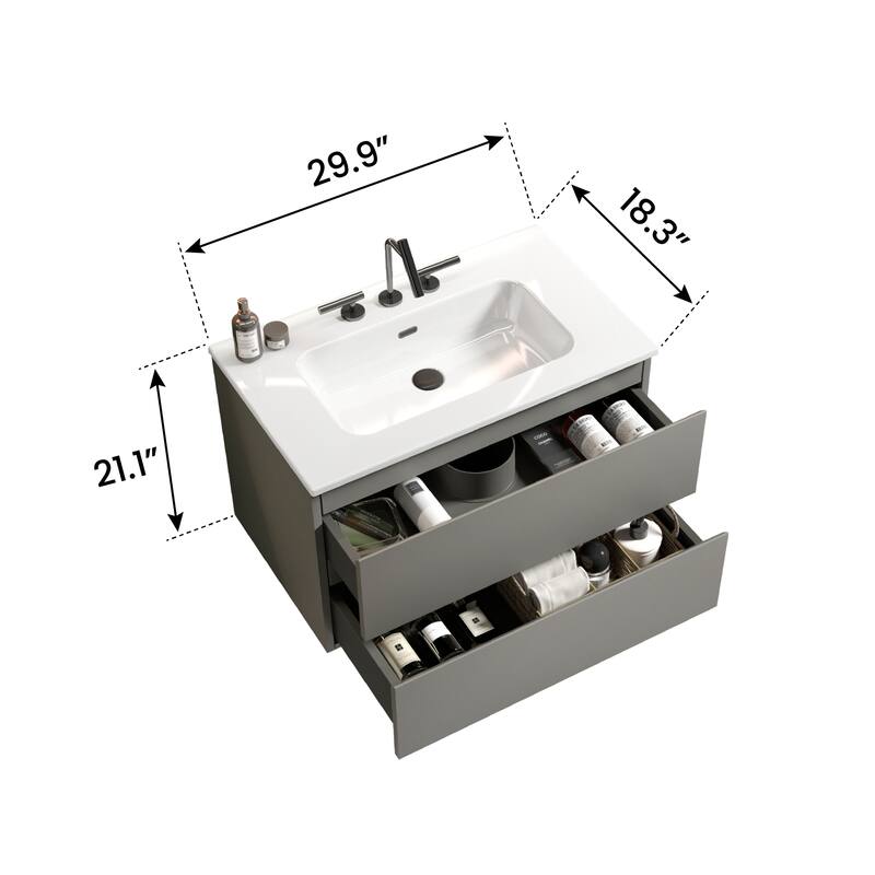 36-Inch Wall Mount Bathroom Vanity in Space Grey with Ceramic Sink, Large Storage