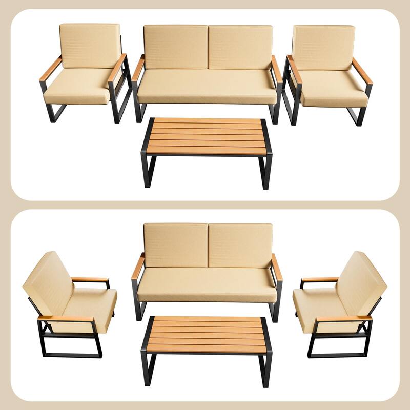 4-Piece Solid Wood Outdoor Patio Lounge Set with Removable Cushion Covers