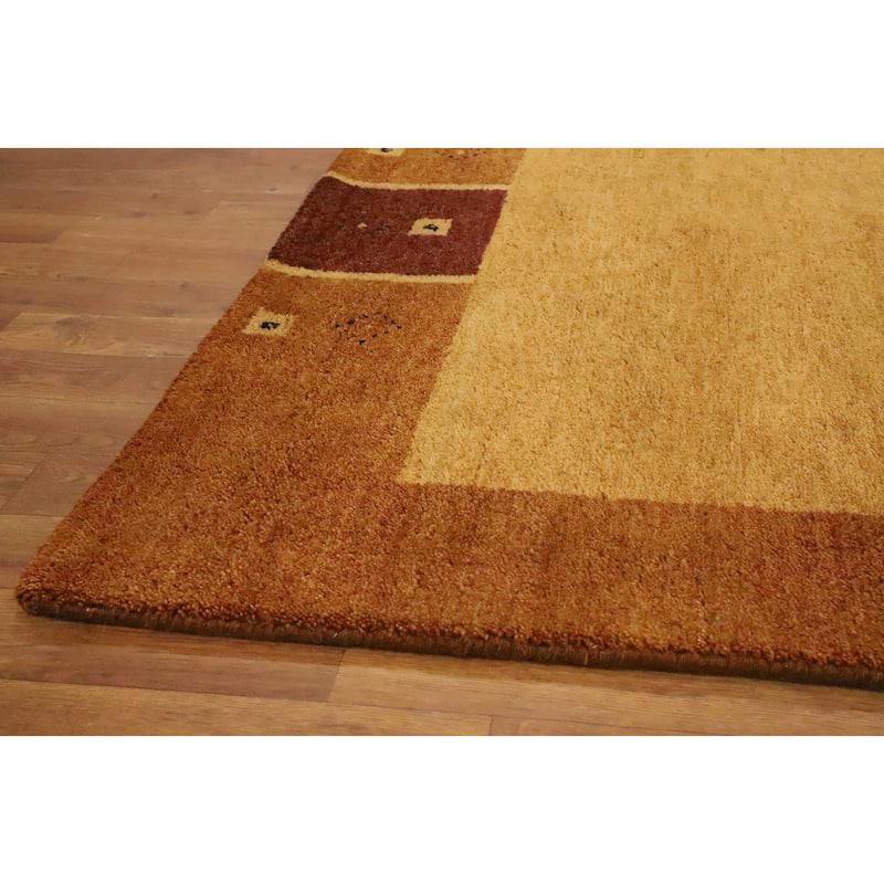 Hand Knotted Oriental 100% Wool Carpet Modern Geometric Yellow & Gold Gabbeh Area Rug - 7' 9'' X 5' 9''