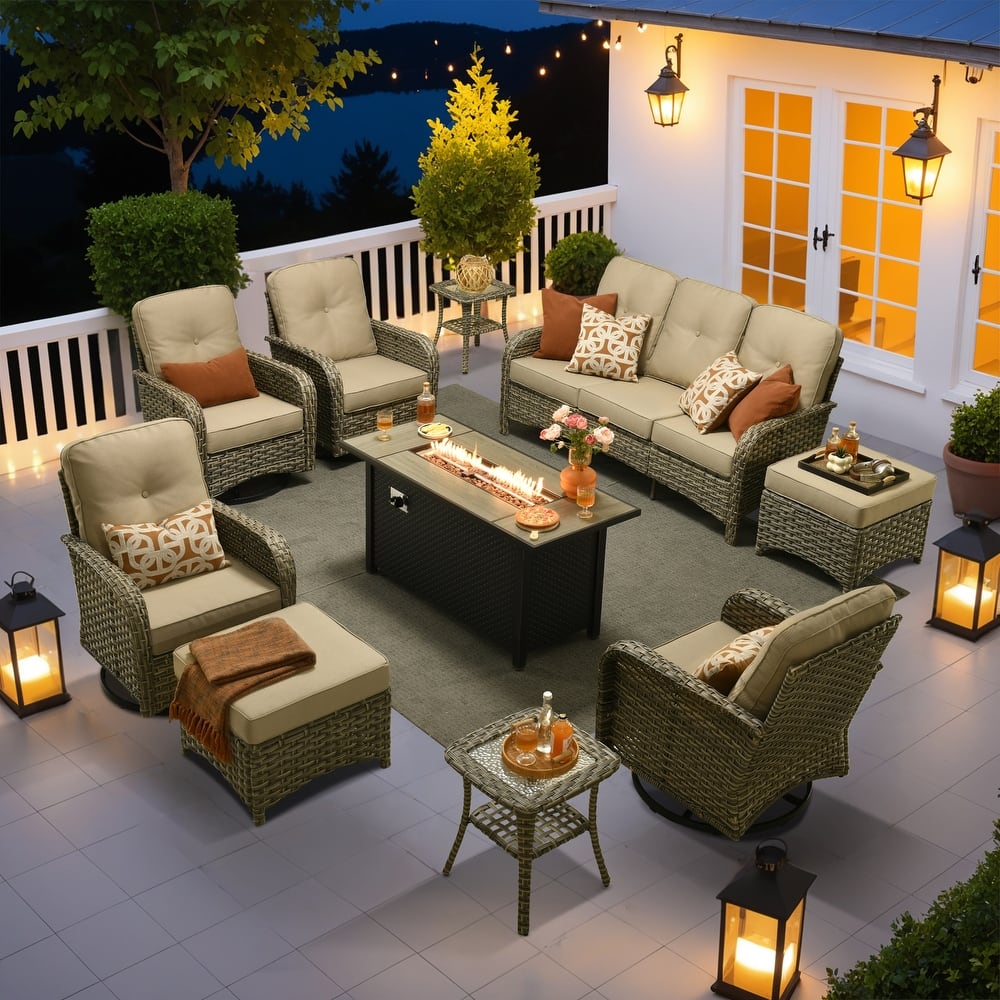 OVIOS 10-piece Patio Wicker Conversation Furniture Set with Fire Pit