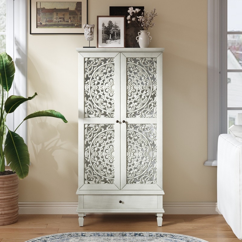Rustic 55" Tall Storage Cabinet with Drawer, Decorative Carved Wood Accent for Living Room or Dining Area
