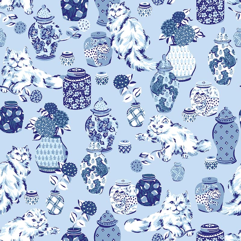 Fancy Cats Blue Peel and Stick Wallpaper