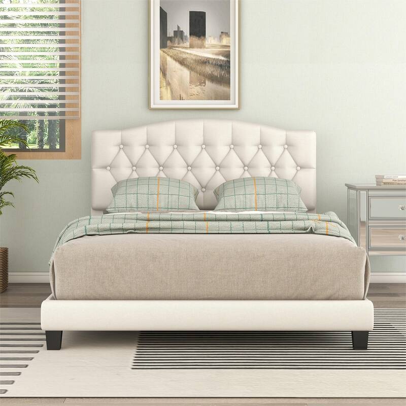 Upholstered Curved Tufted Linen Platform Bed Frame, Queen Bed Bath
