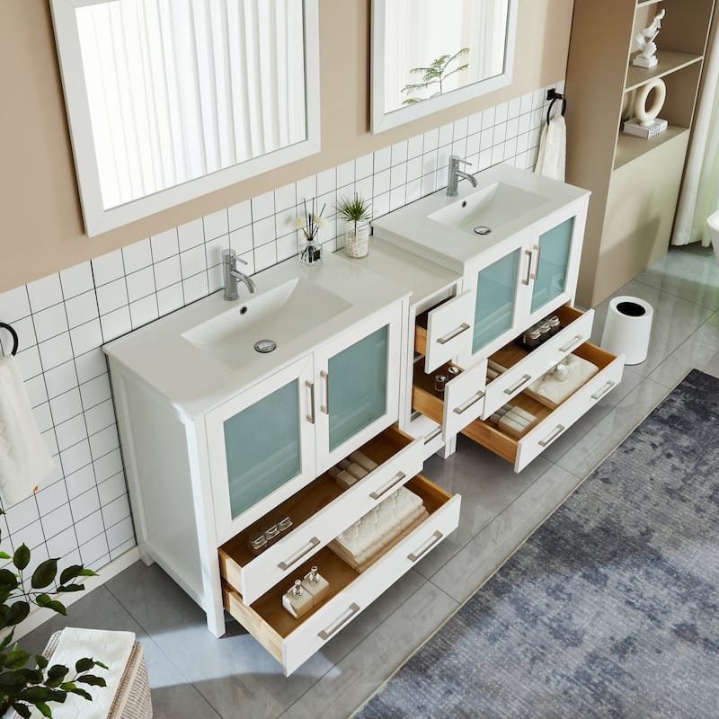 Vanity Art 84" Double Sink Bathroom Vanity Set 7 Dove-Tailed Drawers, 3 Cabinets, 2 Shelves, Soft-Closing Doors with Free Mirror