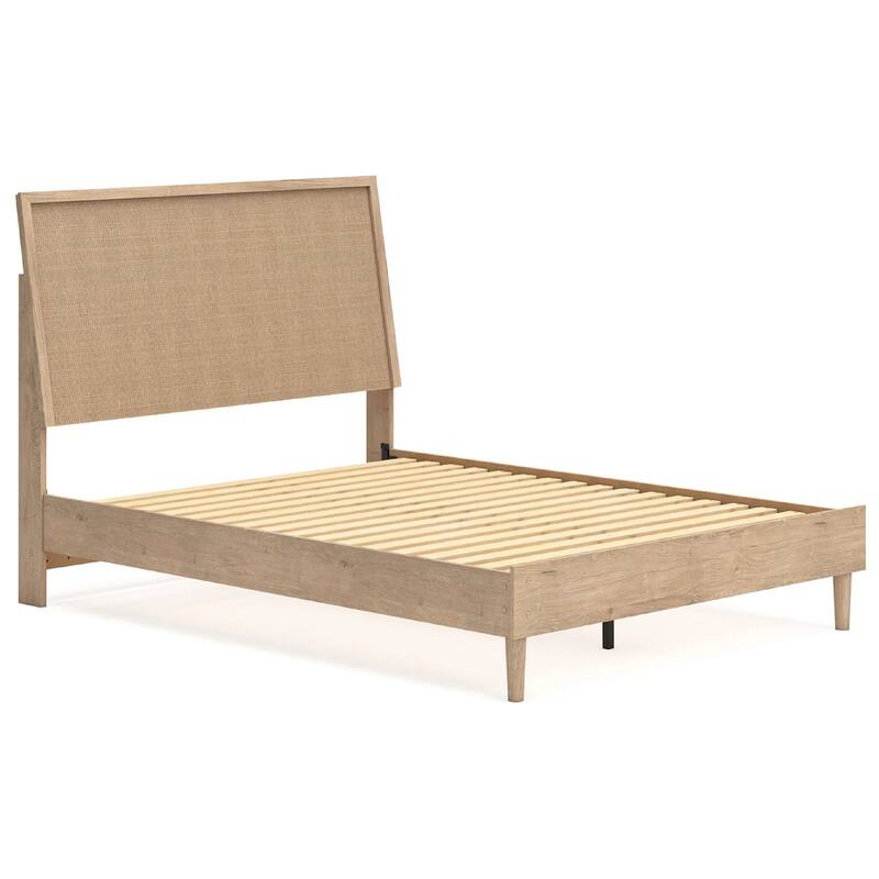 Ciel Queen Panel Bed with Cane Style Headboard, Brown and Beige Wood