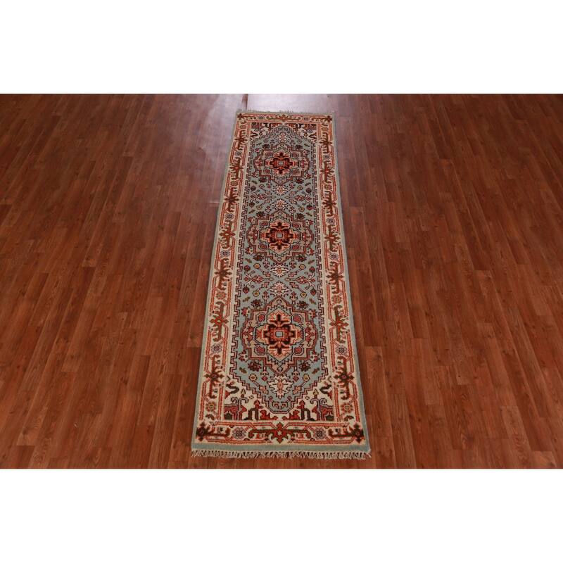 Hand Knotted Oriental 100% Wool Carpet Traditional Geometric Navy Blue & Blues Heriz (serapi) Runner Rug - 8' 4'' X 2' 6''