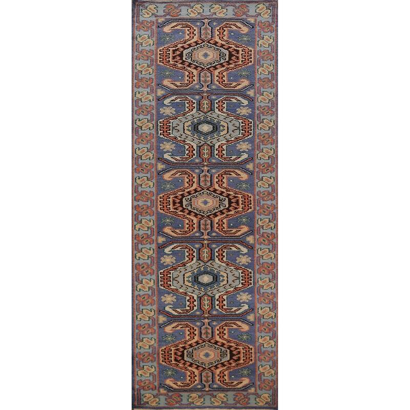 Geometric Kazak Indian Runner Rug Handmade Blue Wool Carpet - 2'6"x 9'10"