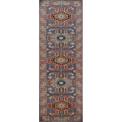 Geometric Kazak Indian Runner Rug Handmade Blue Wool Carpet - 2'6"x 9'10"