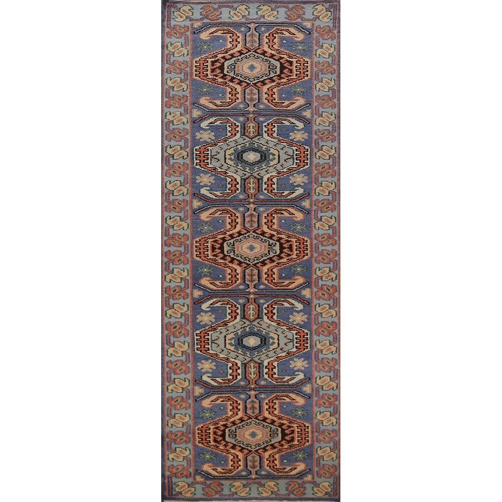 Geometric Kazak Indian Runner Rug Handmade Blue Wool Carpet - 2'6"x 9'10"