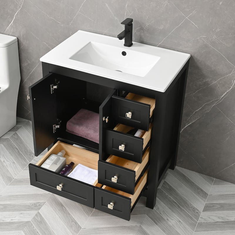 Eclife 30'' Bathroom Vanities Cabinet with Sink Combo Set Drop in Ceramic Sink Matte Black Faucet Mirror