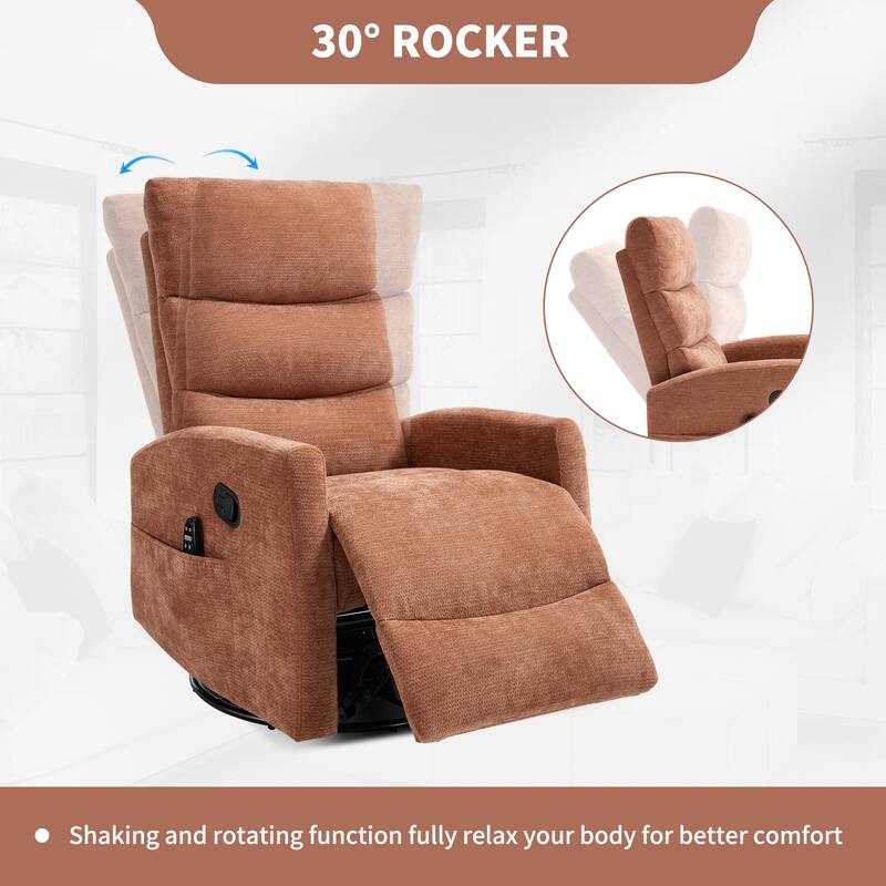 Roomfitters Manual Rocker Swivel Recliner Chair with Heat and Massage Fabric Glider Lounge Sofa for Living Room