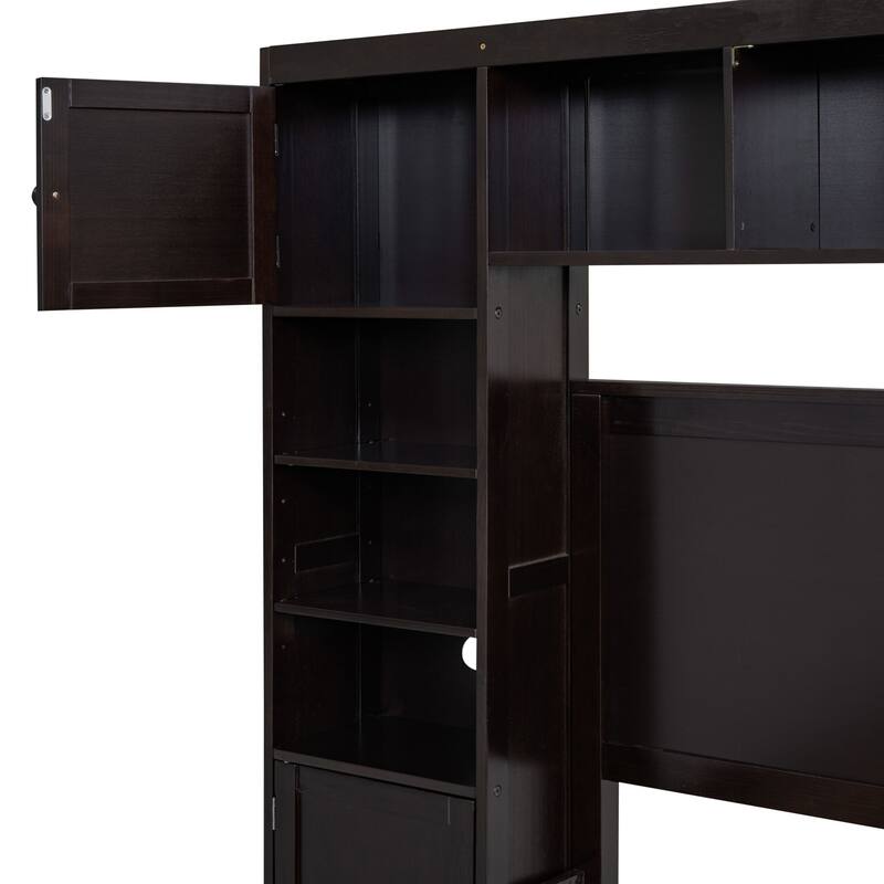 Wooden Bed with Integrated Cabinet and Shelves