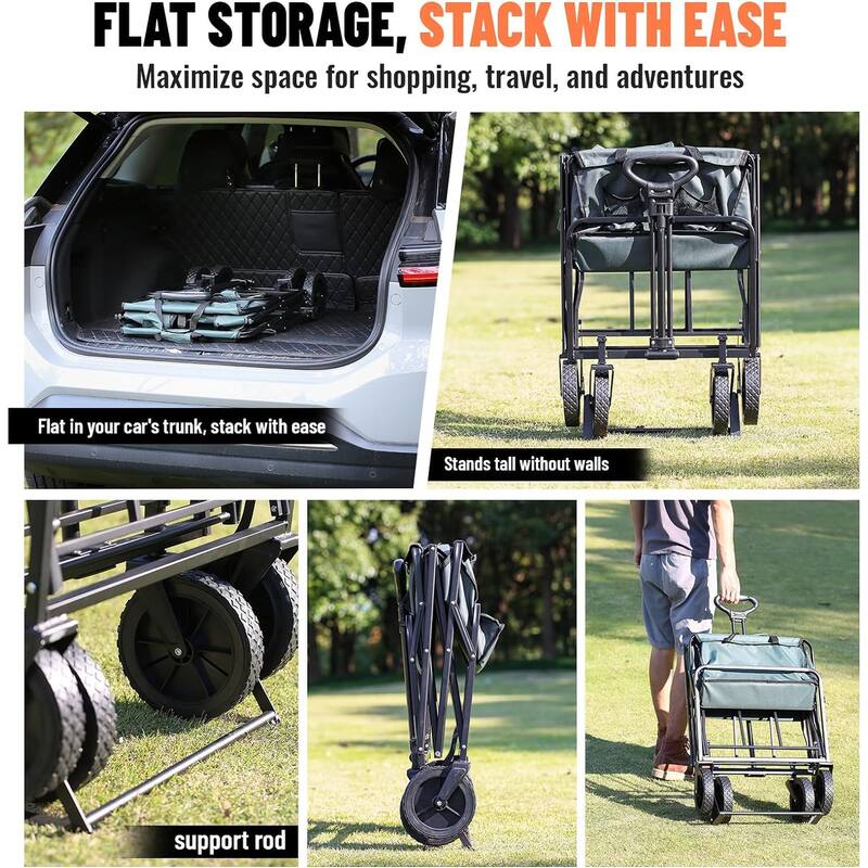 Heavy-Duty Collapsible Folding Wagon - 220lb Capacity All-Terrain Utility Cart for Camping & Beach