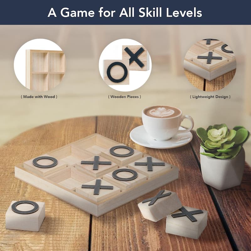 Wood Tic Tac Toe Game Board Tabletop Decor (9" x 9") - 9" x 9"