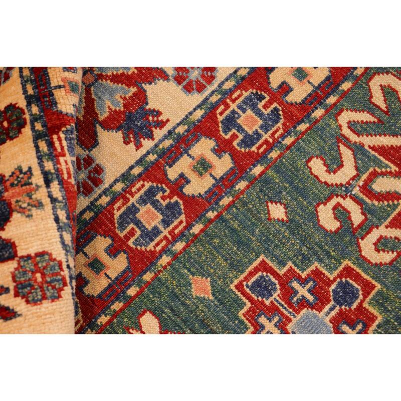 Caucasian Super Kazak Bryson Green/Beige Hand Knotted Wool Rug - 6'10'' x 9'6''