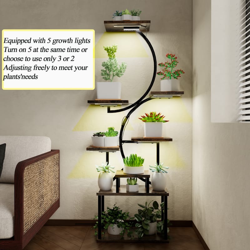 8-Tier Rustic Brown Plant Stand with Grow Lights Indoor Shelf Rack for Living Room Decor - 28.30”L x 10.20”W x 62”H