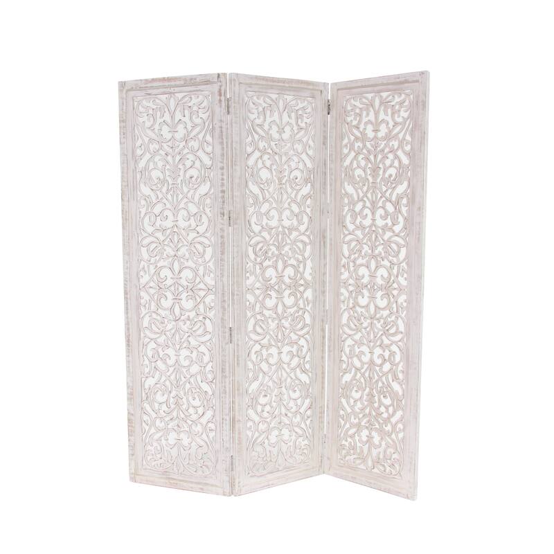 Wooden Floral Handmade Hinged Foldable 3 Panel Room Divider Screen with Intricate Carved Design - White - Roche River Decor - White