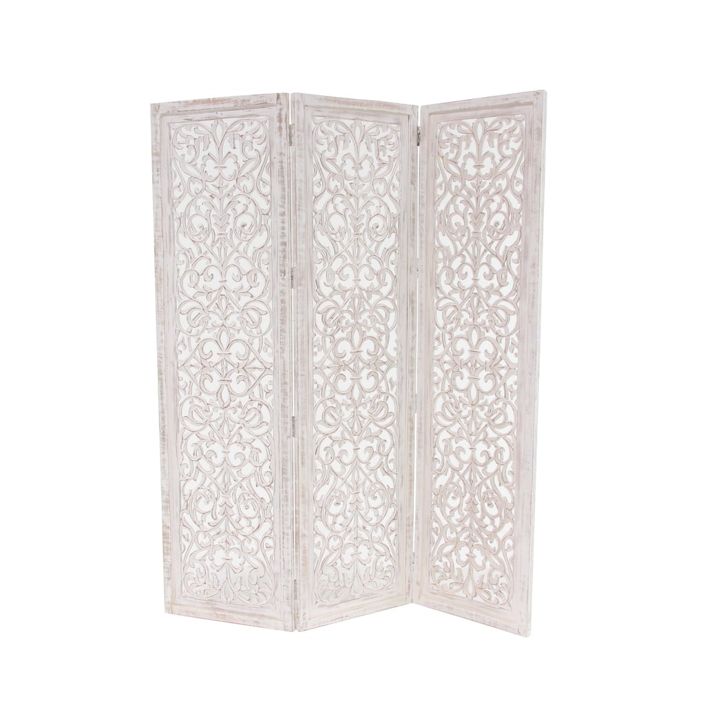 Wooden Floral Handmade Hinged Foldable 3 Panel Room Divider Screen with Intricate Carved Design - White - Roche River Decor