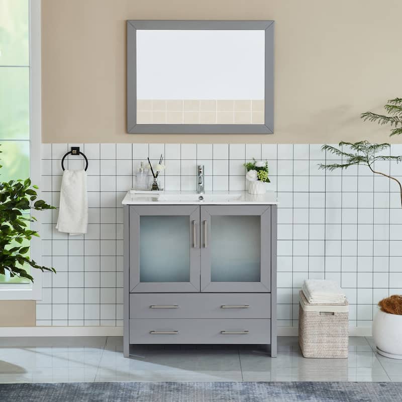 Vanity Art 36-Inch Single Sink Bathroom Vanity Set Dove-Tailed Drawers, 1 Cabinets, 1 Shelf, Soft-Closing Doors with Free Mirror - Grey