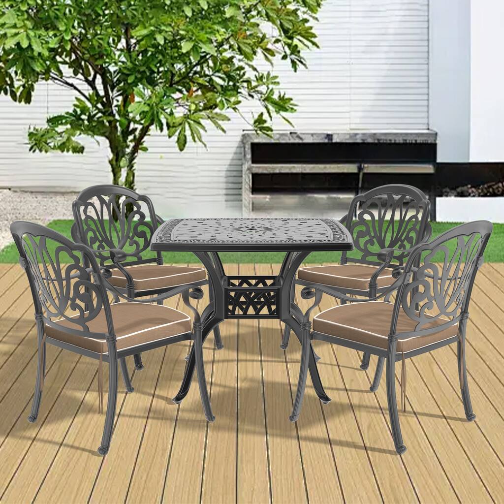 3/5-Piece Cast Aluminum Outdoor Dining Set with 35.43 in. Square Table and Cushions
