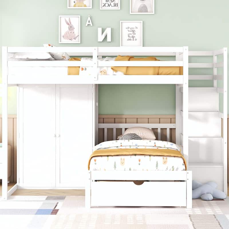 Full Over Twin Bunk Bed with Wardrobe and Drawers - White