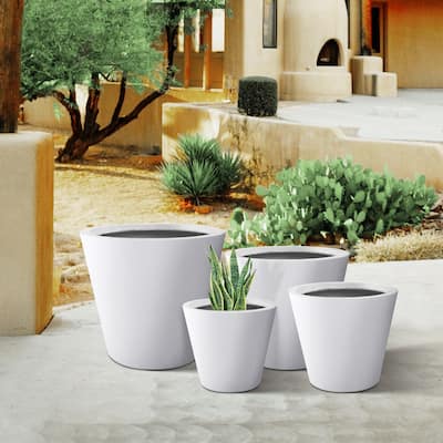 Plantara 22", 18", 15" & 13" D Solid White Concrete Plant pot(Set of 4), Modern Round planter, Outdoor Flower pot for Garden