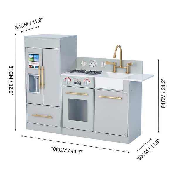 dimension image slide 1 of 2, Teamson Kids Little Chef Charlotte Wooden Play Kitchen, Gray/Gold - 41.61" L x 11.81" W x 31.89" H