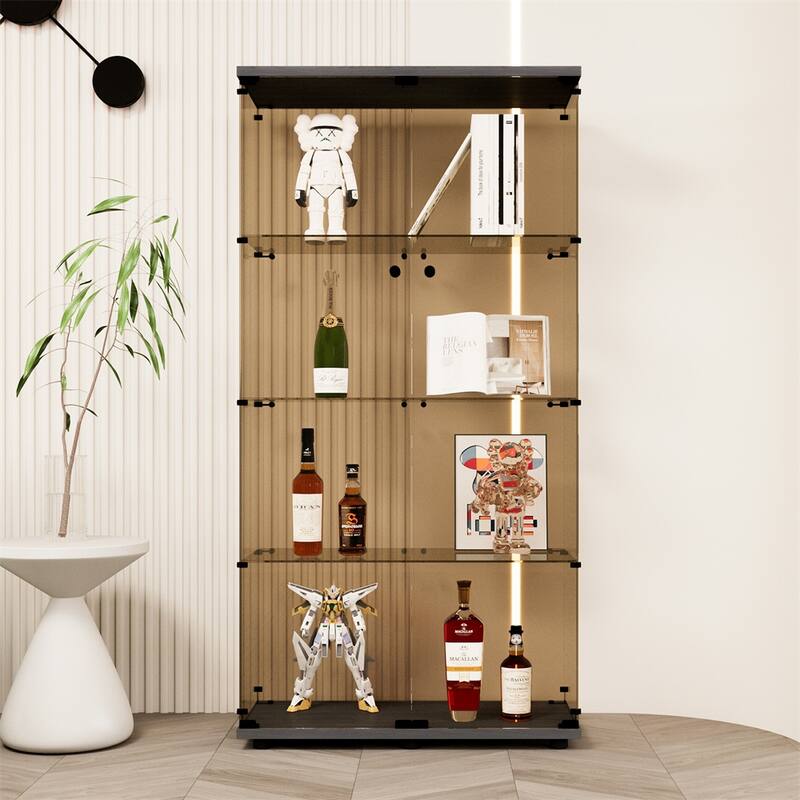 Two-door Tawny Glass Display Cabinet w/ 4 Shelves,Door, Floor Standing