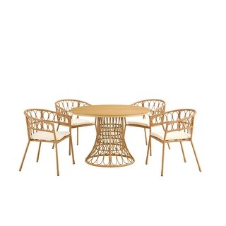 Outdoor Dining set of 5 with PE Ratten Round Bamboo Table,Ratten Base ...