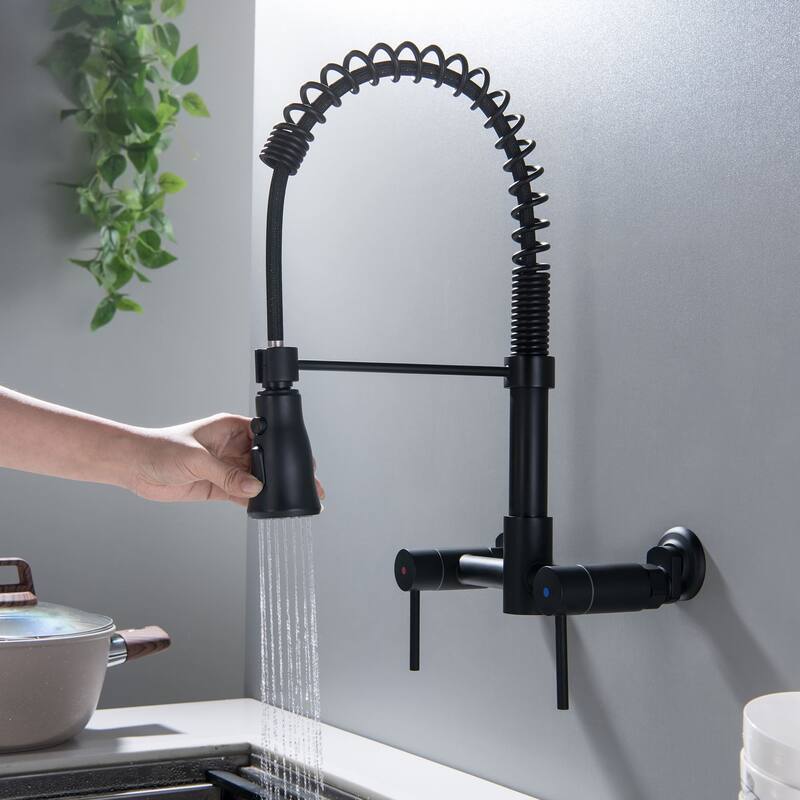 Wall Mount Commercial Kitchen Faucet With Pull Down Sprayer 2 Hole 8 Inch Kitchen Sink Faucet Matte Black Spring Basin Tap