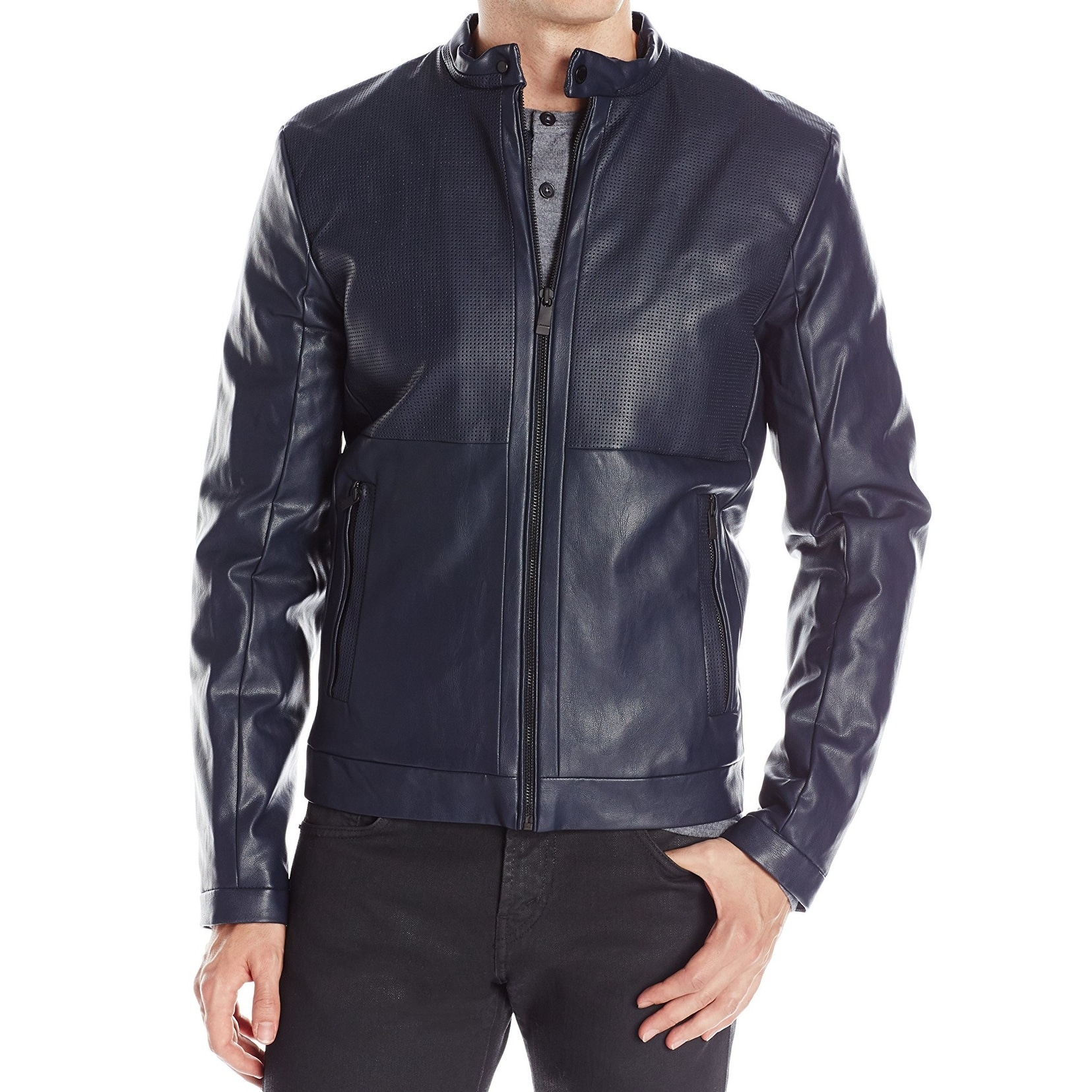 calvin klein blue leather jacket
