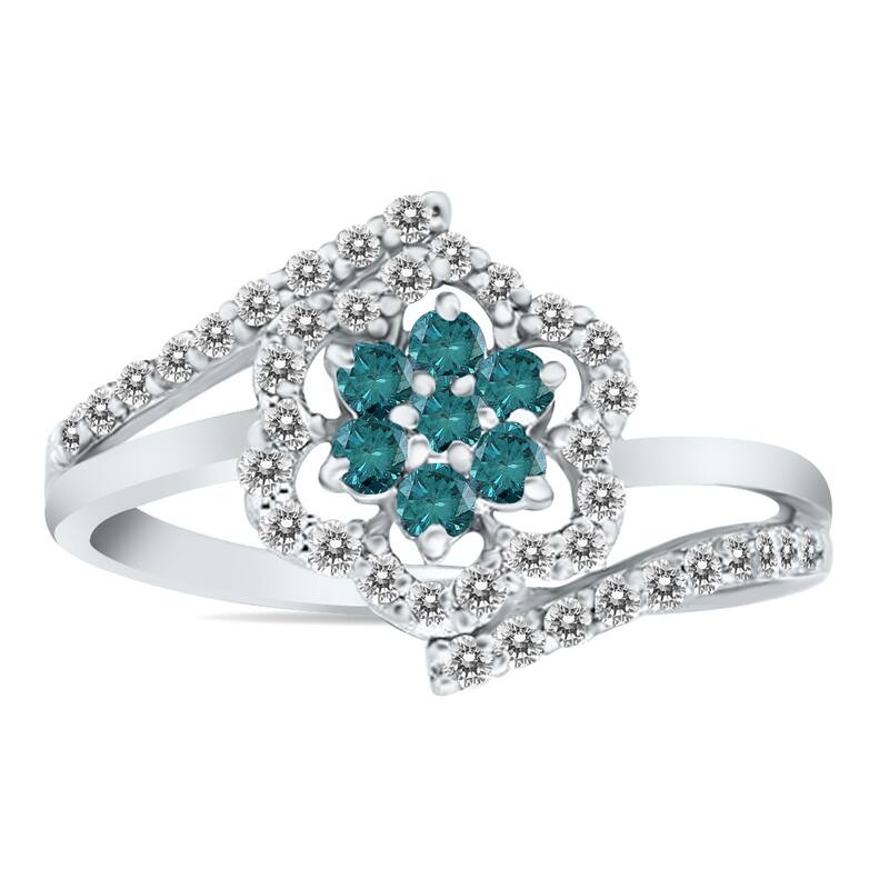 Marquee Blue and White Diamond Flower Ring in 10k White Gold