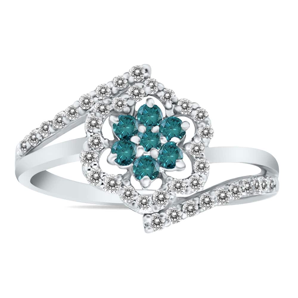 Marquee Blue and White Diamond Flower Ring in 10k White Gold