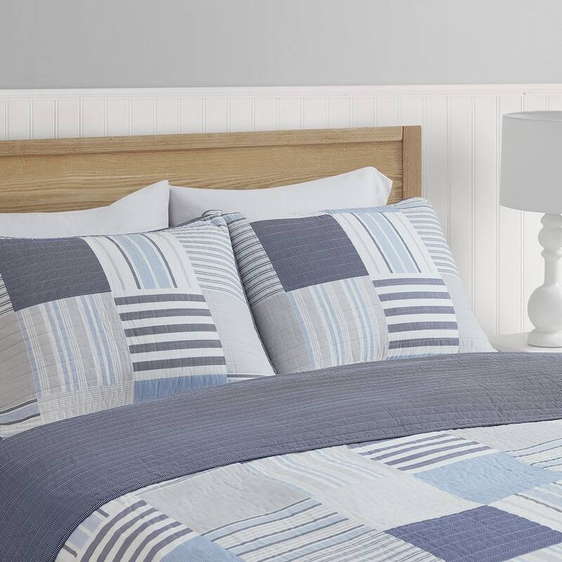 DESIGN STUDIO Lido Patch Blue/Grey Cotton Quilt Set