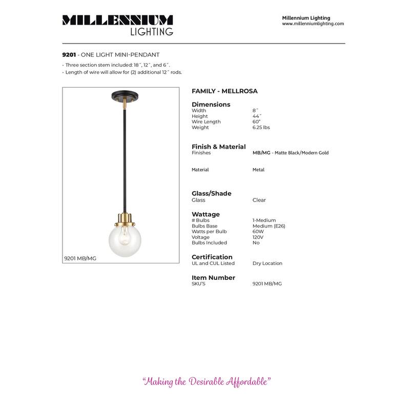 Millennium Lighting Mellrosa Matte Black/Modern Gold Pendant Light