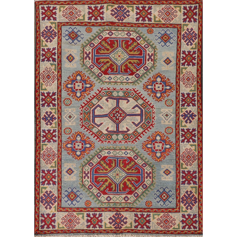 Geometric Kazak Accent Rug Handmade Wool Carpet - 3'6"x 4'11"