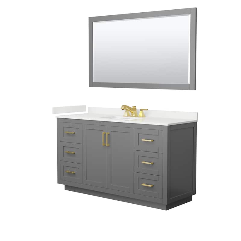 Miranda 60-inch Single Vanity, Quartz Top, 58-inch Mirror - Dark Gray, Gold Trim, White Quartz Top