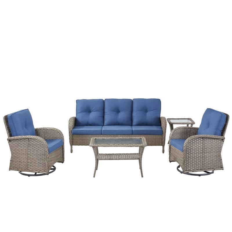 5 Pieces Sofa with Swivel Rocking Chairs Table Set